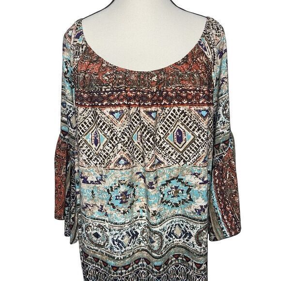 Ali Miles Tunic Top Women's 1X Southwest Aztec‎ Print Fringe Bell Sleeve Boho - Picture 2 of 10